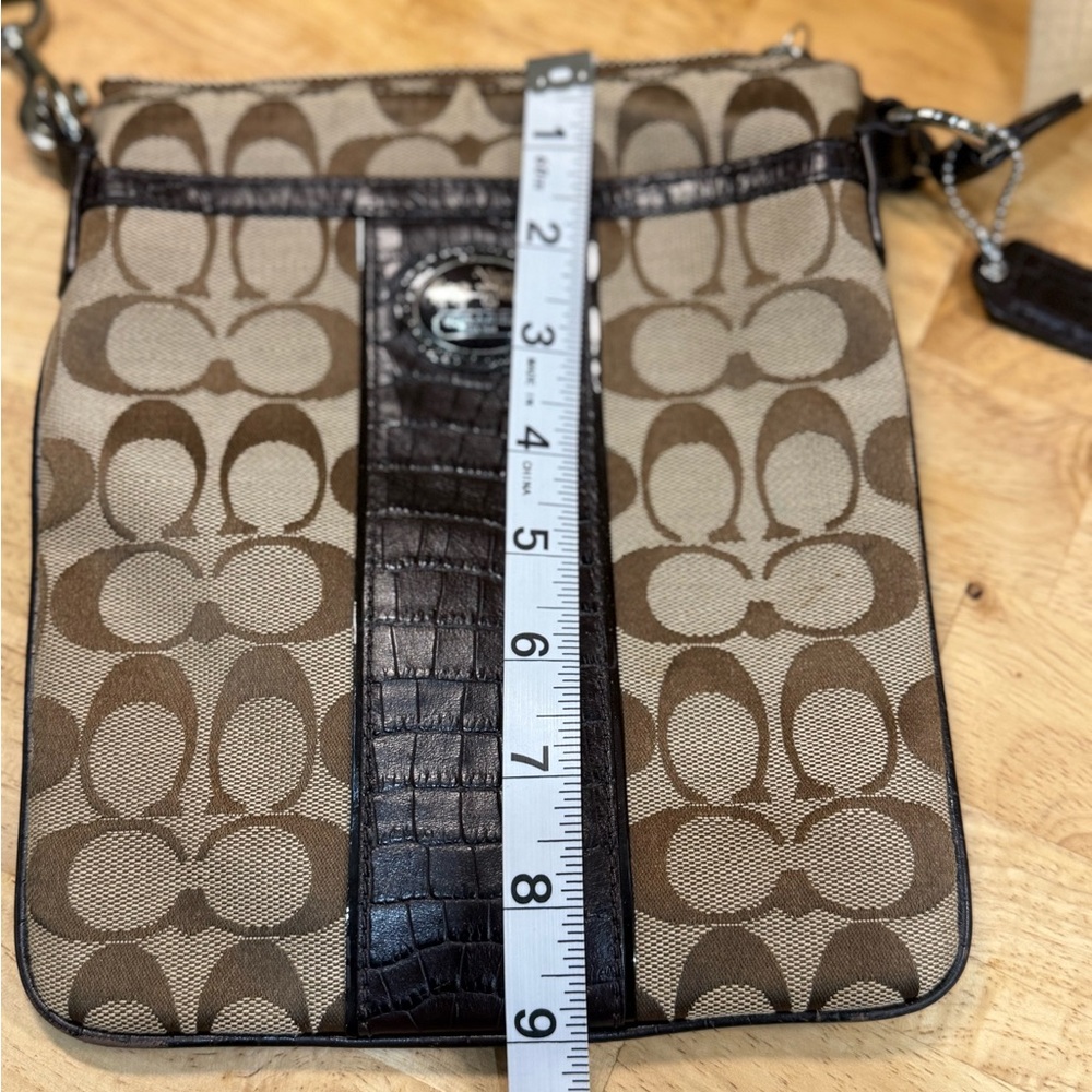 Coach Signature C Brown Tan Crossbody Bag | Leather Trim Small Purse Zip Top - Picture 9 of 12
